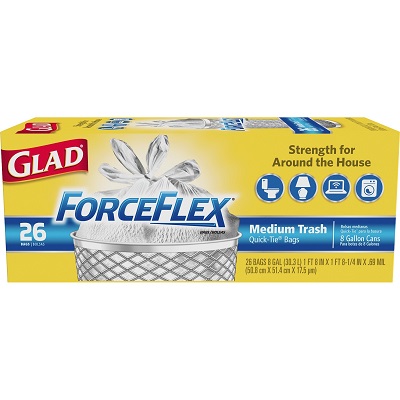 Glad ForceFlex Quick-Tie Medium Trash Bags, 8 gal, 26/Box, #MTGFFQ826W