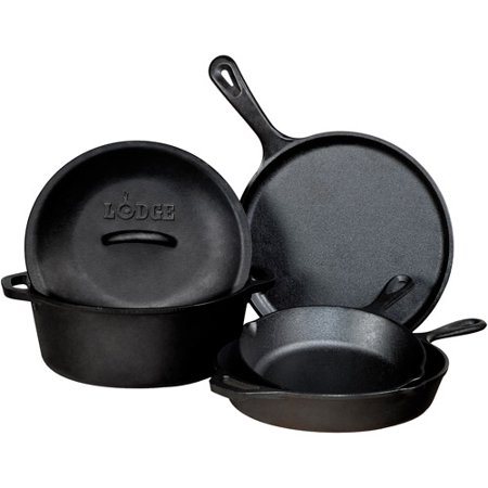 Lodge 5 Piece Seasoned Cast Iron Cookware Set, Pans & Lids, #PPLCICSS5