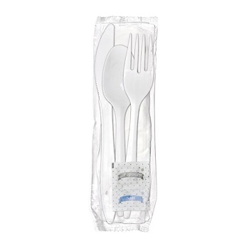 White Wrapped Cutlery: Fork, Teaspoon, Knife, Napkin, S & P, 250