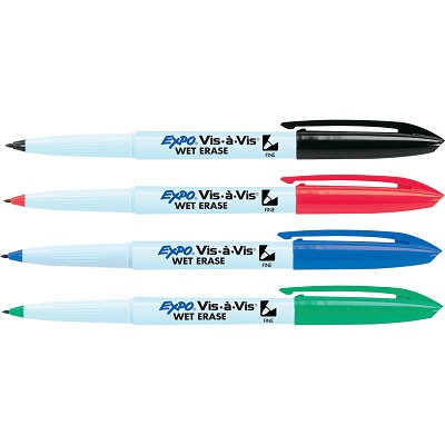 EXPO Vis-A-Vis Wet-Erase Fine-Tip Markers, Assorted Colors, Pack Of 8